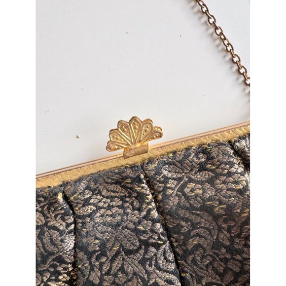 Vintage SIMPSON'S Black Gold Brocade Kiss Loss Evening Purse Bag - Picture 3 of 9